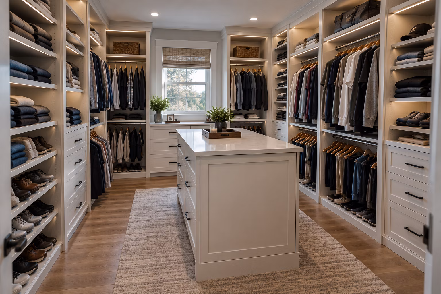 Custom walk-in closet with shelving, drawers and a center island in Moorestown, NJ