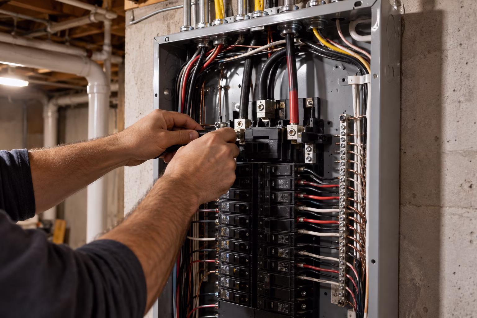 Electrician wiring a 200 amp breaker panel in a South Jersey and Southeastern Pennsylvania home