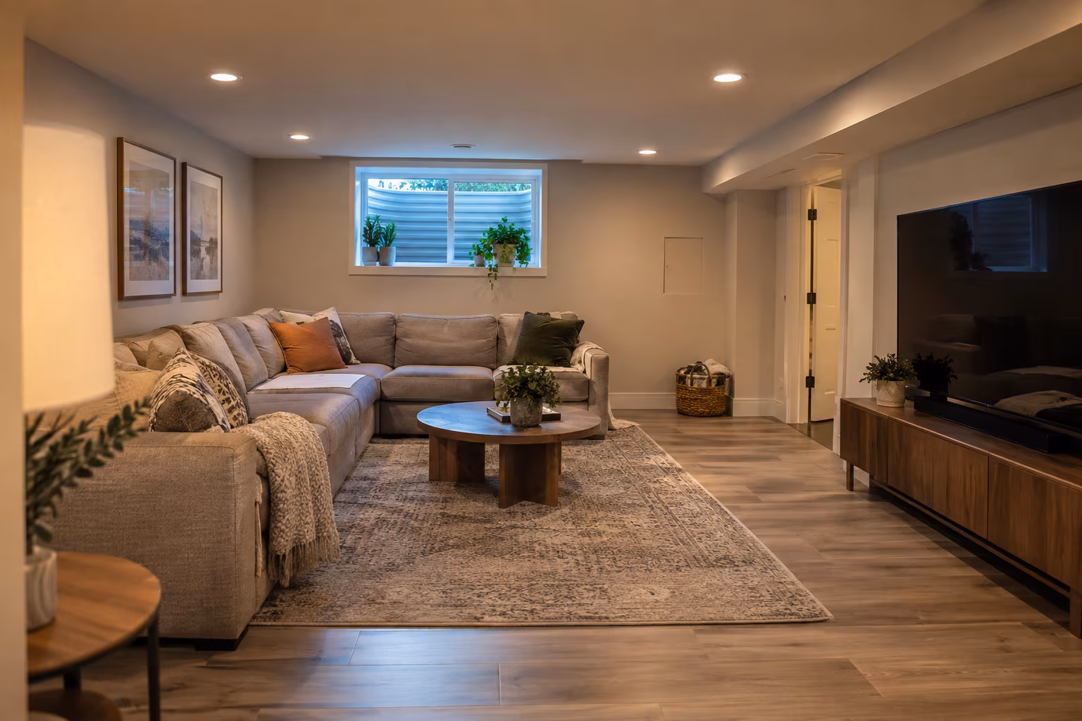 Finished basement family room with vinyl plank flooring in Moorestown, NJ