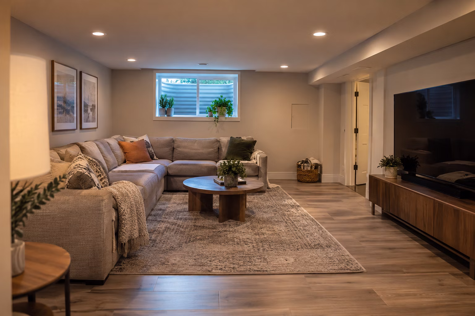 Basement family room finished with vinyl plank flooring in Moorestown, NJ