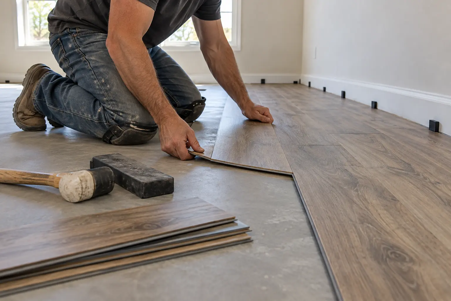 Installer laying luxury vinyl plank flooring in a South Jersey home