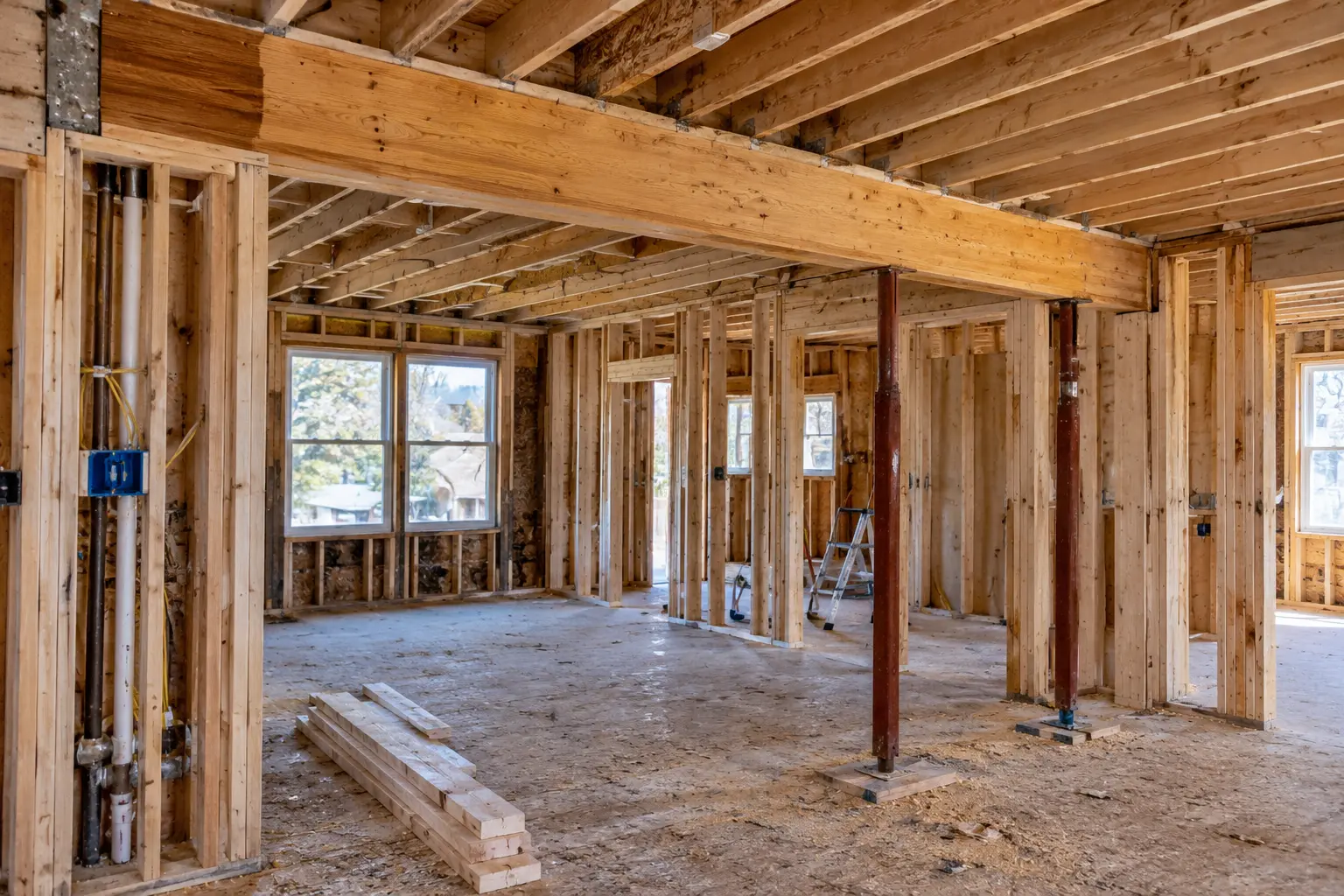 New wood framing and an LVL beam after wall removal in South Jersey