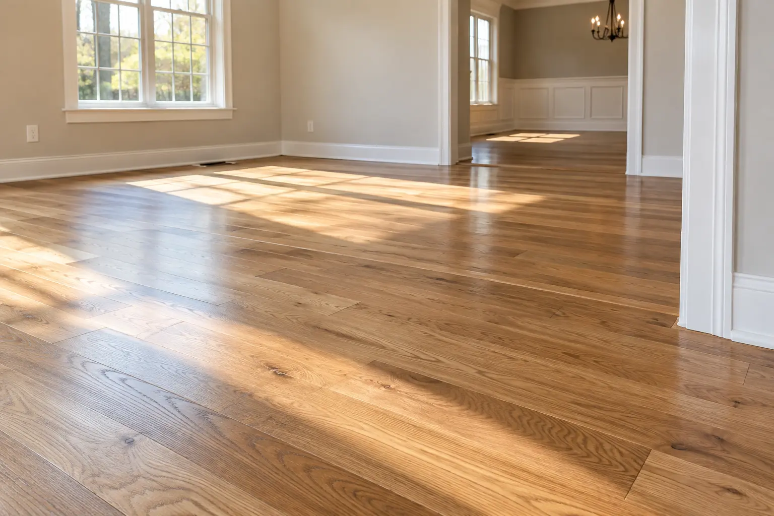 Newly installed oak hardwood floor in a South Jersey and Southeastern Pennsylvania living room