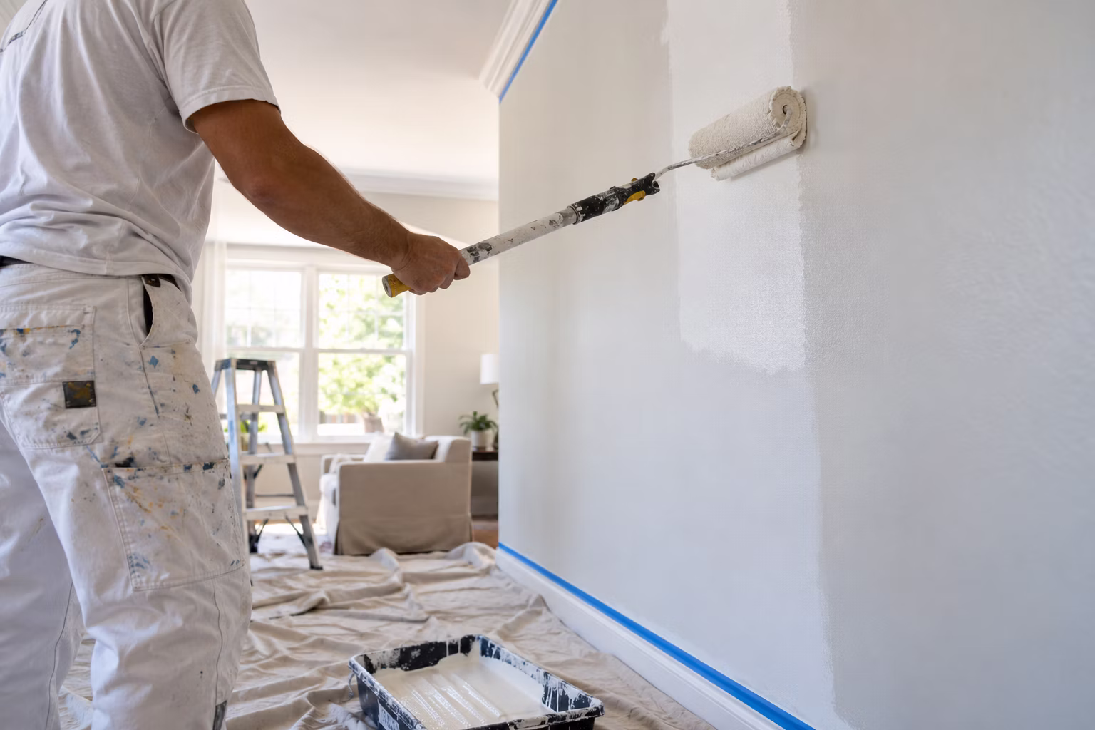 Painter rolling a fresh coat of white paint on a living room wall in South Jersey and Southeastern Pennsylvania