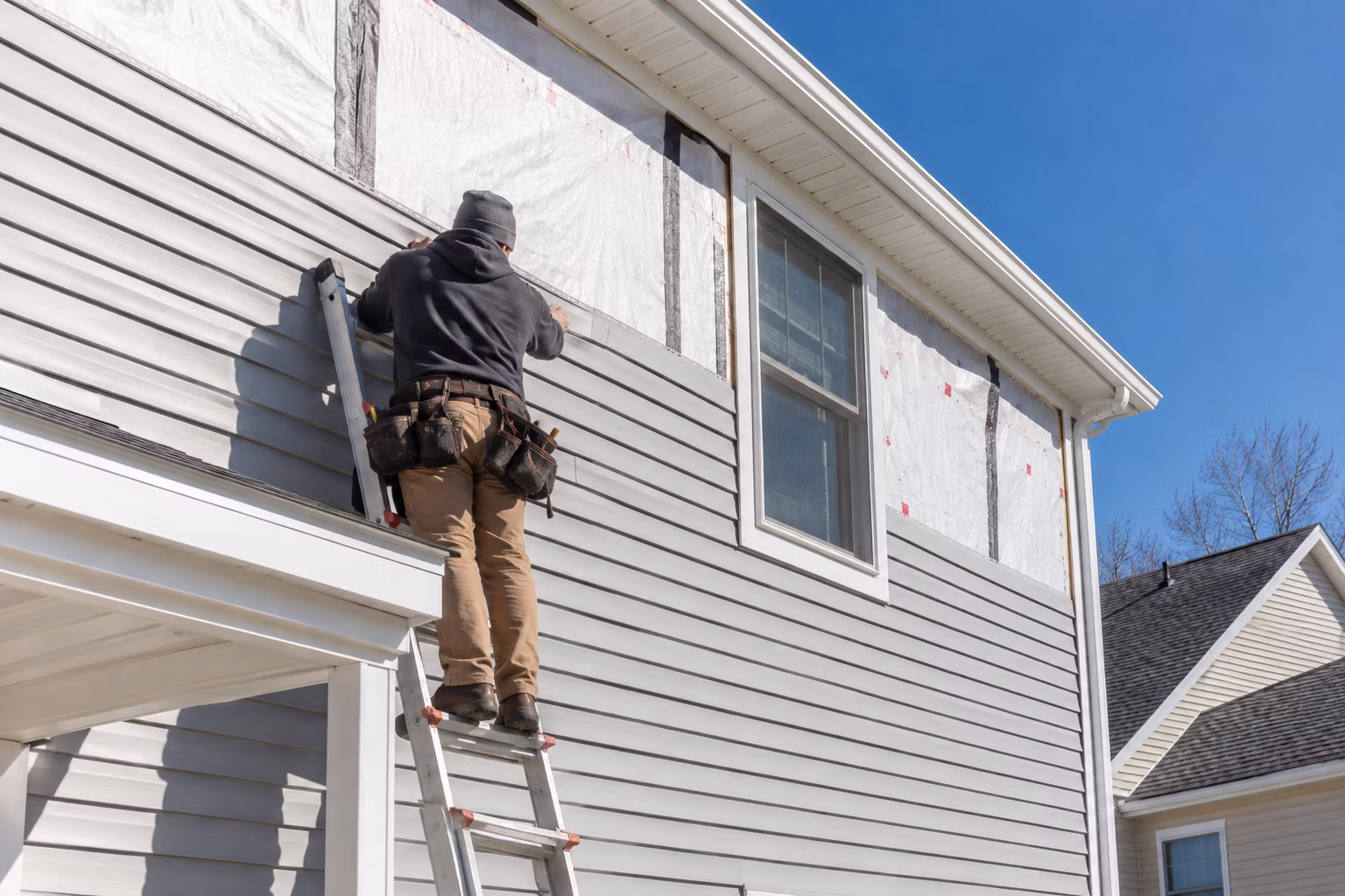 Worker installing light gray vinyl siding on a home in South Jersey